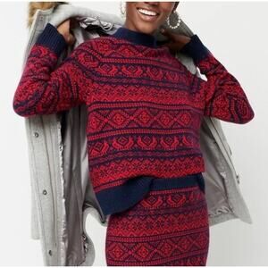 J Crew Cheerful Fair Isle Mock Neck Lambs Wool Sweater Red Blue XS Extra Small